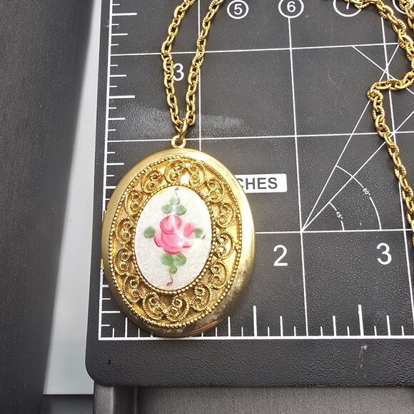 VTG Avon Pink Rose Guilloche Enamel Locket Necklace 32" Gold Tone Uncas - Picture 14 of 16